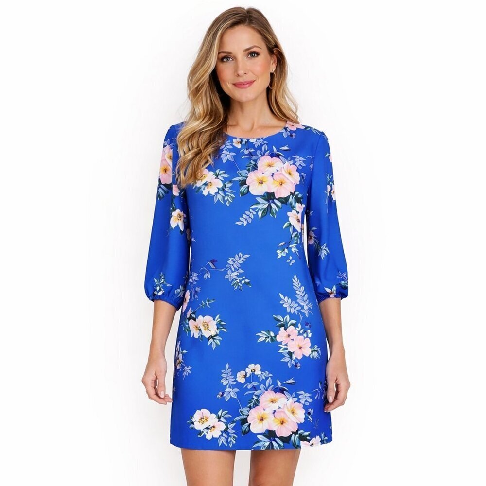 Ann Taylor Shift Dress Size 6 Blue Pink Floral Back Keyhole Pullover 3/4 Sleeve
